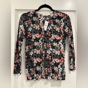 NWT! LOFT Classic Cotton Cardigan Sweater, Black & Pink Floral, size XS